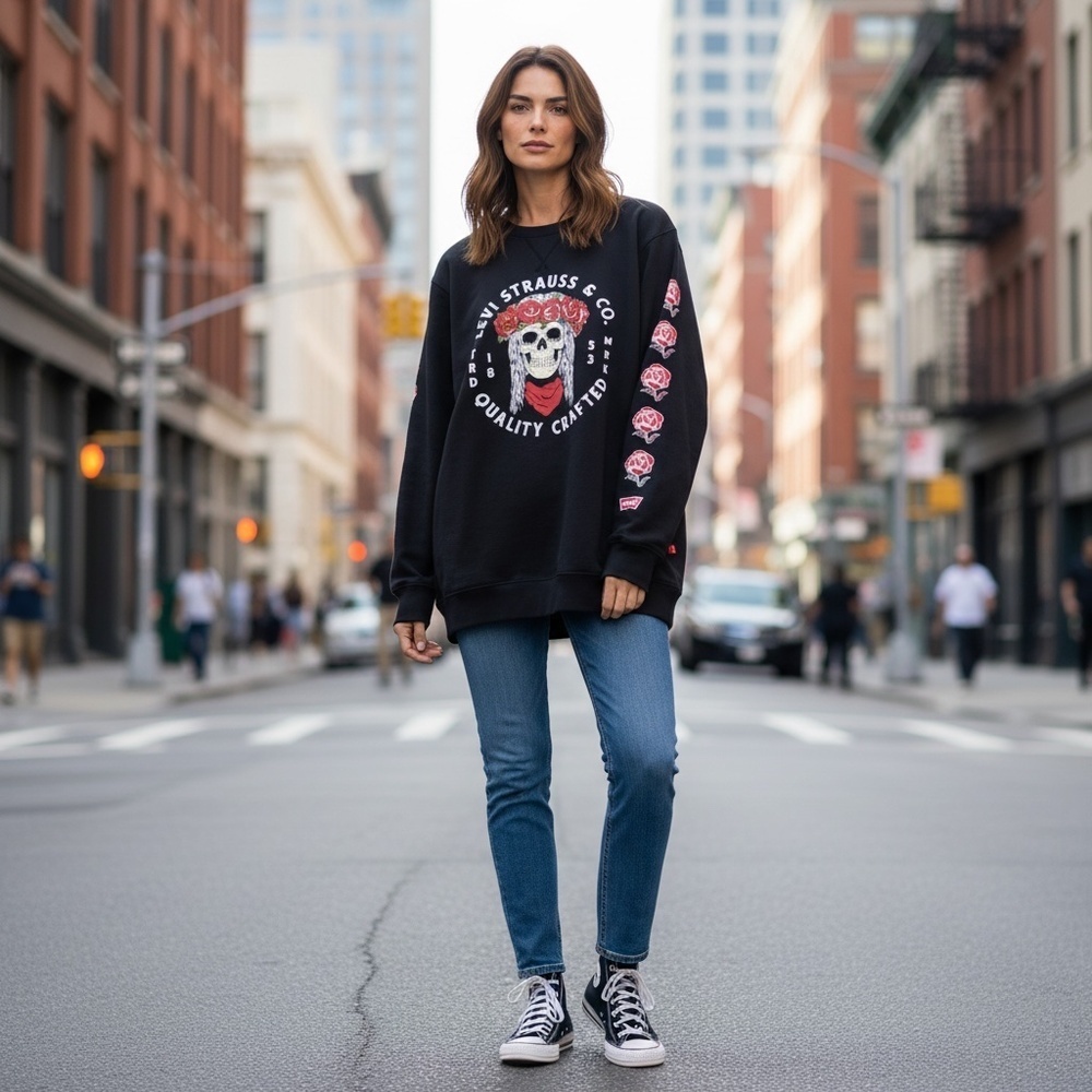 Levi Strauss & Co Skull and Roses Edgy Crew Neck Sweatshirt, Large, EUC
